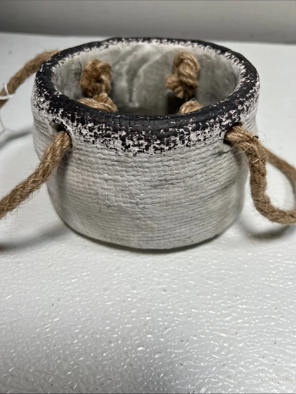 Rustic White Ceramic Planter with Rope Handles -